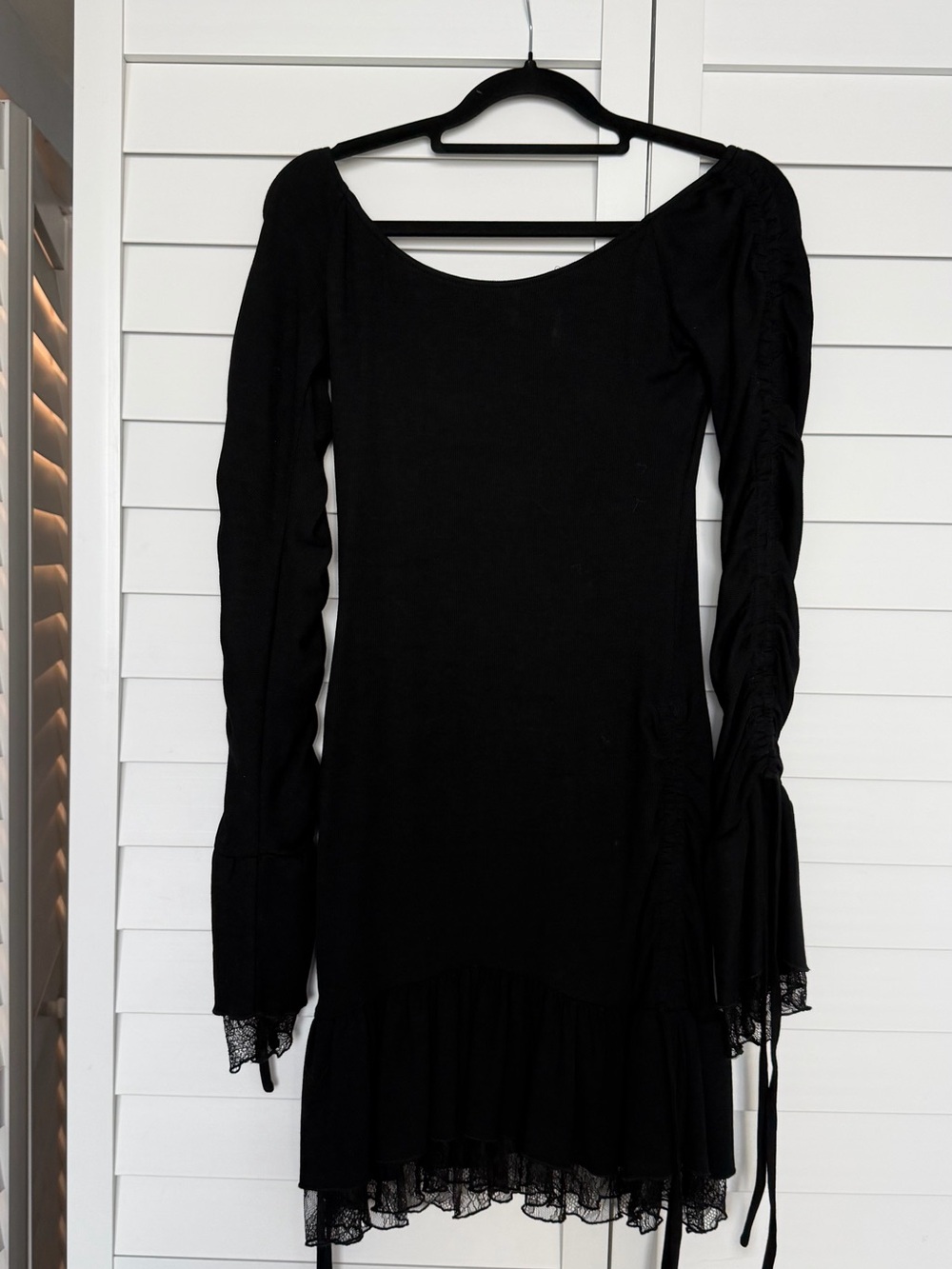 Current Mood Black Long-Sleeve Lace-Trim Ruffle Dress